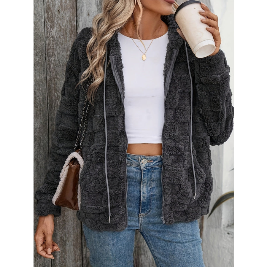 Checkered Texture Zip Up Drawstring Fuzzy Jacket Apparel and Accessories