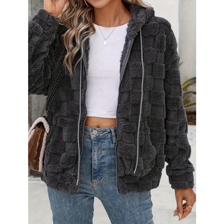 Checkered Texture Zip Up Drawstring Fuzzy Jacket Apparel and Accessories