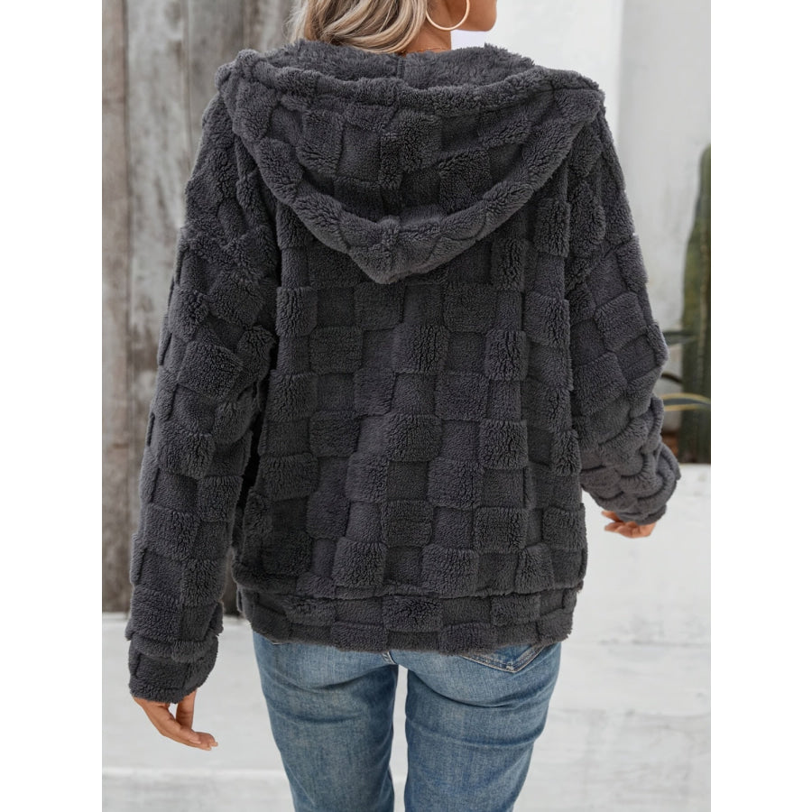 Checkered Texture Zip Up Drawstring Fuzzy Jacket Apparel and Accessories