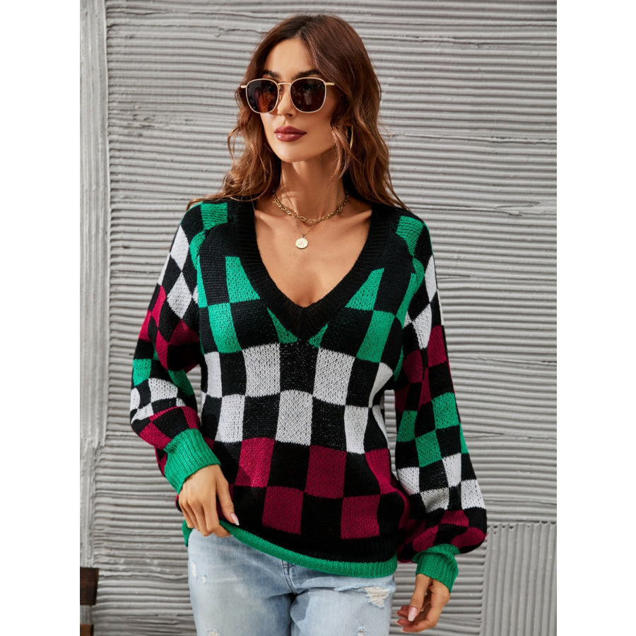 Checkered V - Neck Lantern Sleeve Sweater Apparel and Accessories