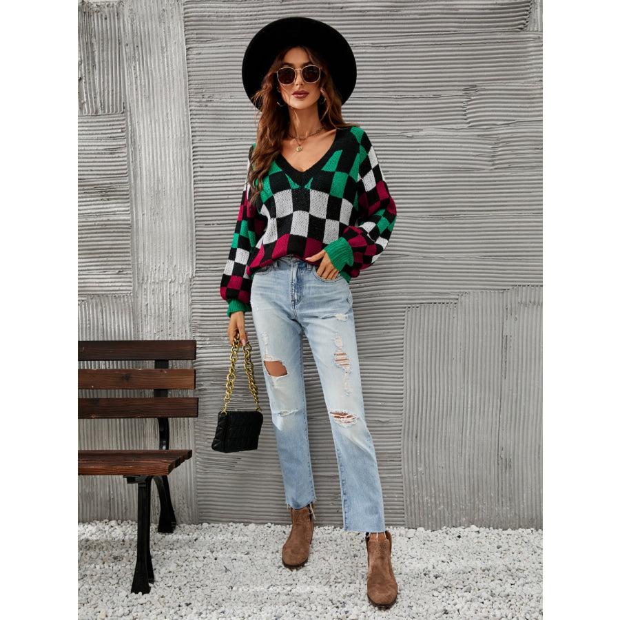 Checkered V - Neck Lantern Sleeve Sweater Apparel and Accessories