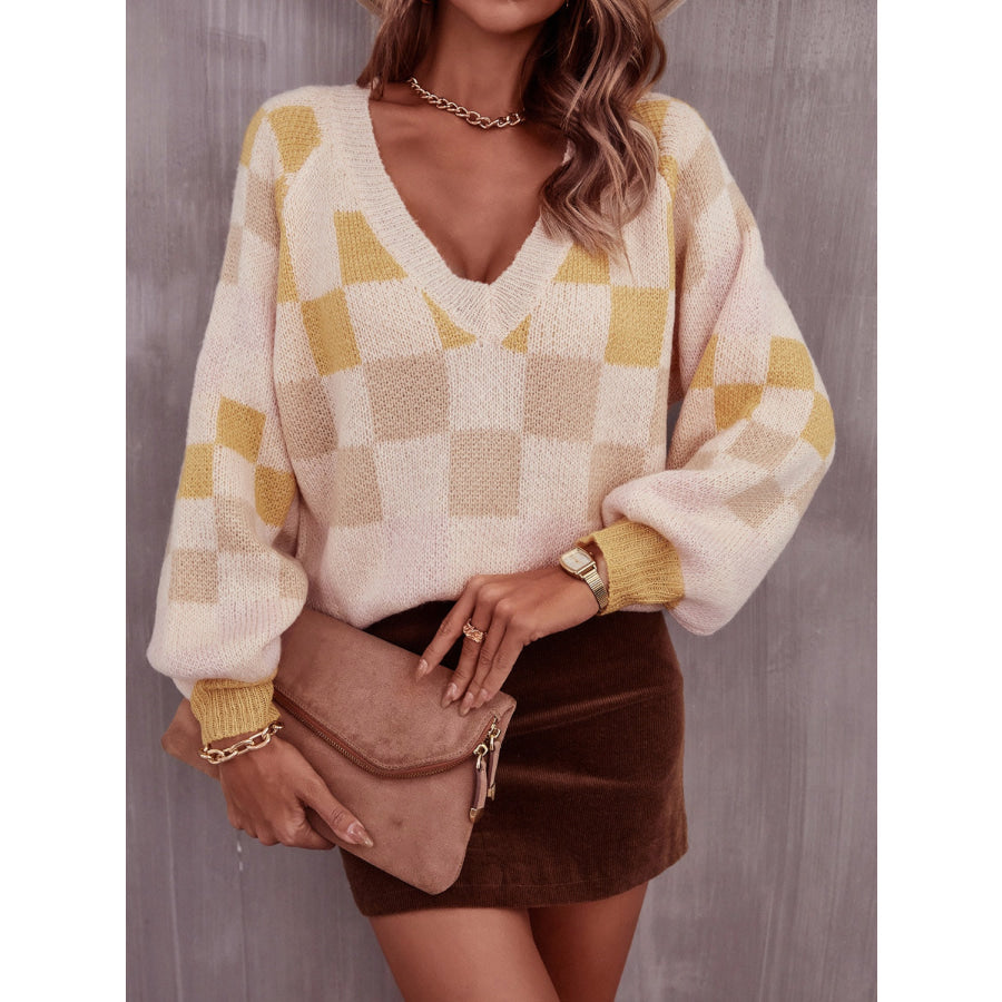 Checkered V - Neck Lantern Sleeve Sweater Apparel and Accessories