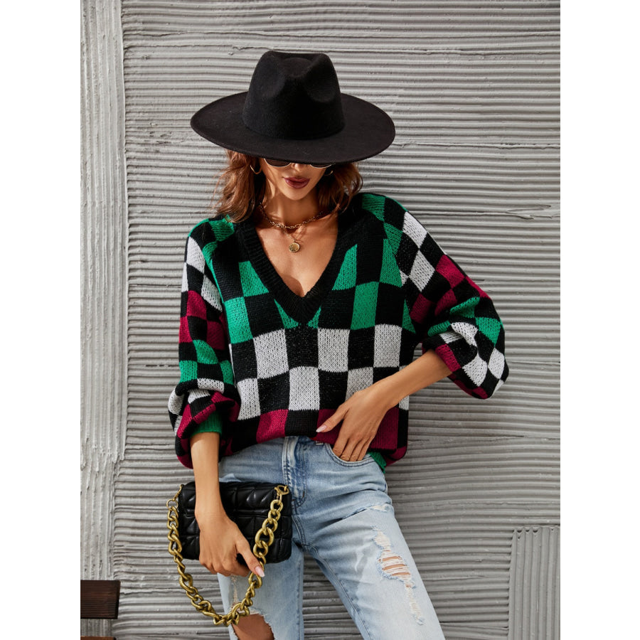 Checkered V - Neck Lantern Sleeve Sweater Apparel and Accessories