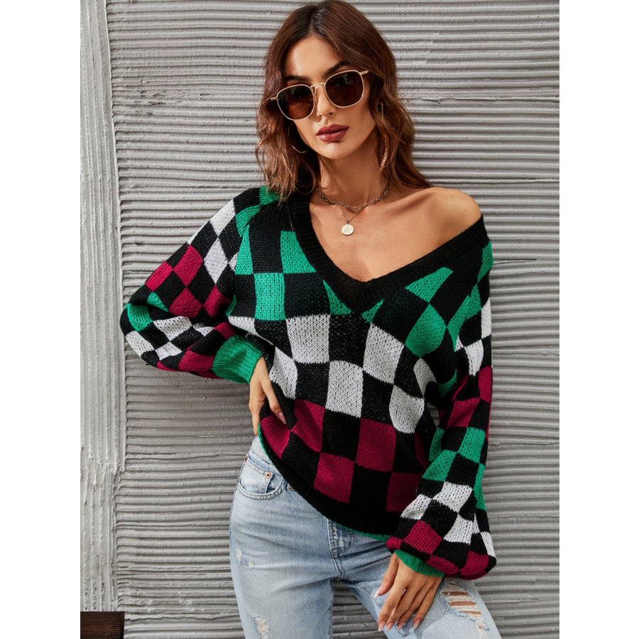 Checkered V - Neck Lantern Sleeve Sweater Apparel and Accessories