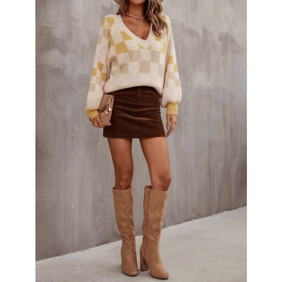 Checkered V - Neck Lantern Sleeve Sweater Apparel and Accessories