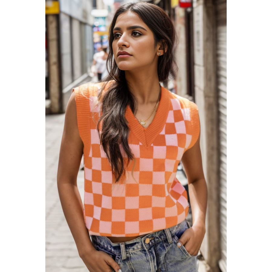 Checkered V - Neck Sweater Vest Apparel and Accessories