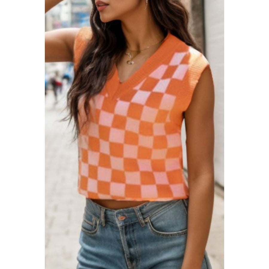 Checkered V - Neck Sweater Vest Apparel and Accessories