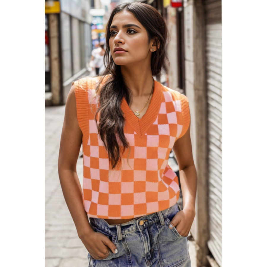 Checkered V - Neck Sweater Vest Tangerine / S Apparel and Accessories