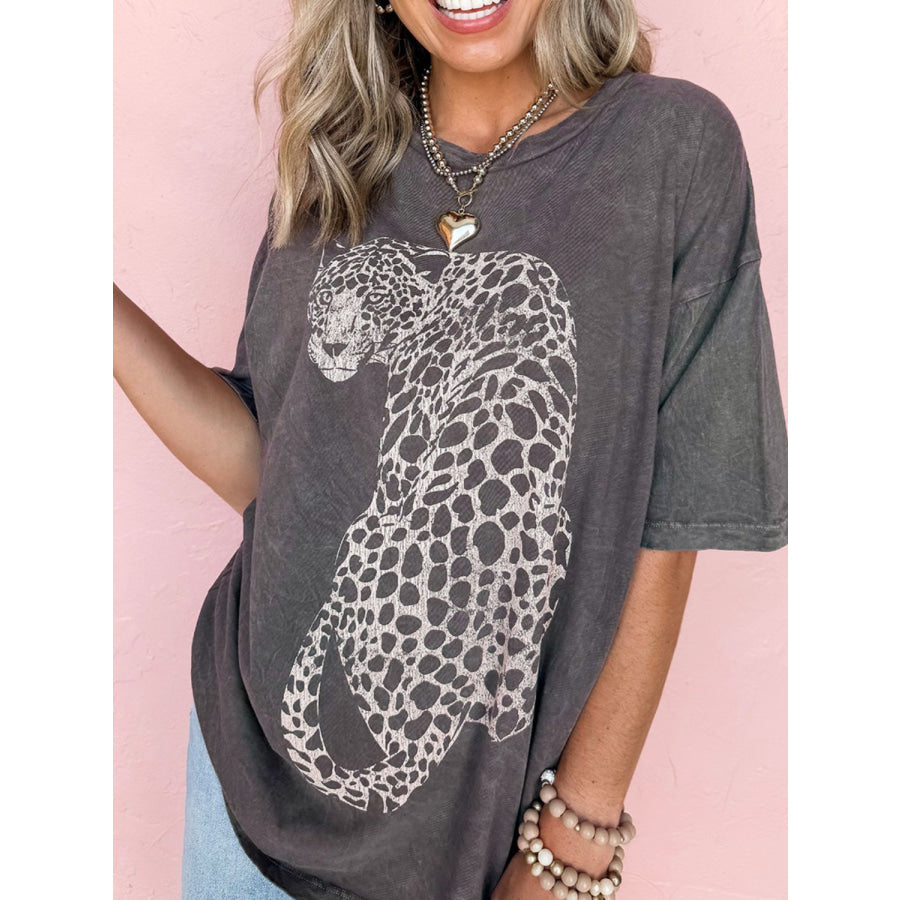 Cheetah Mineral Wash Round Neck Half Sleeve T-Shirt Apparel and Accessories