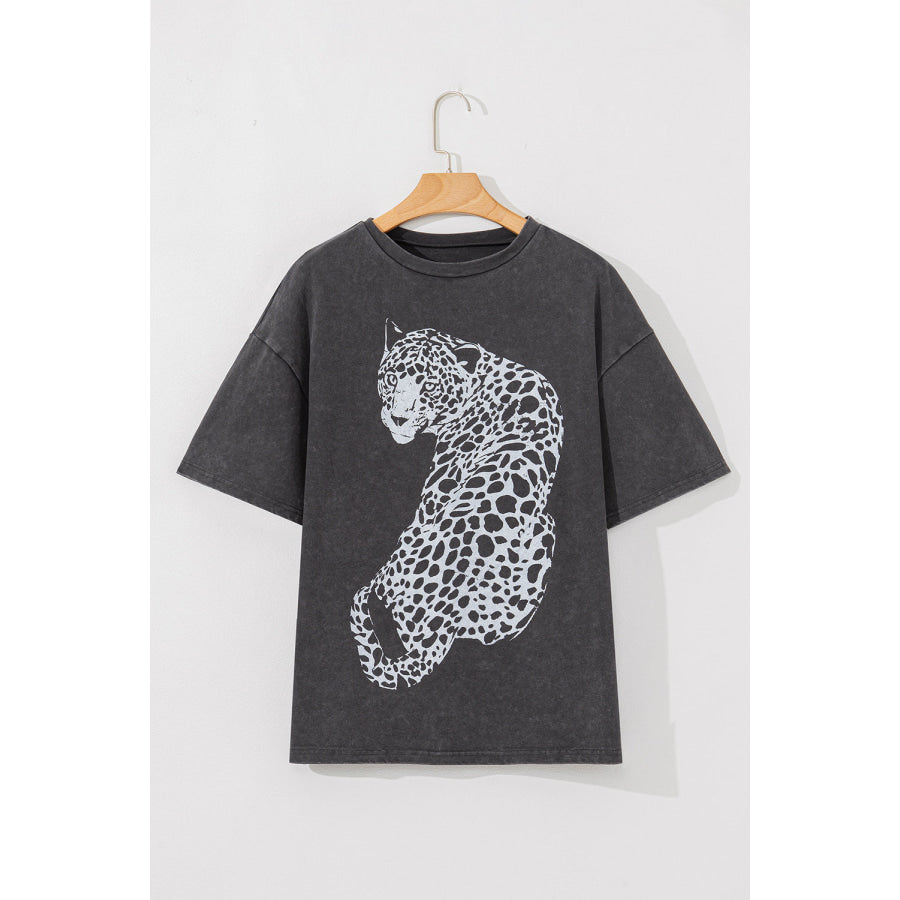 Cheetah Mineral Wash Round Neck Half Sleeve T-Shirt Apparel and Accessories