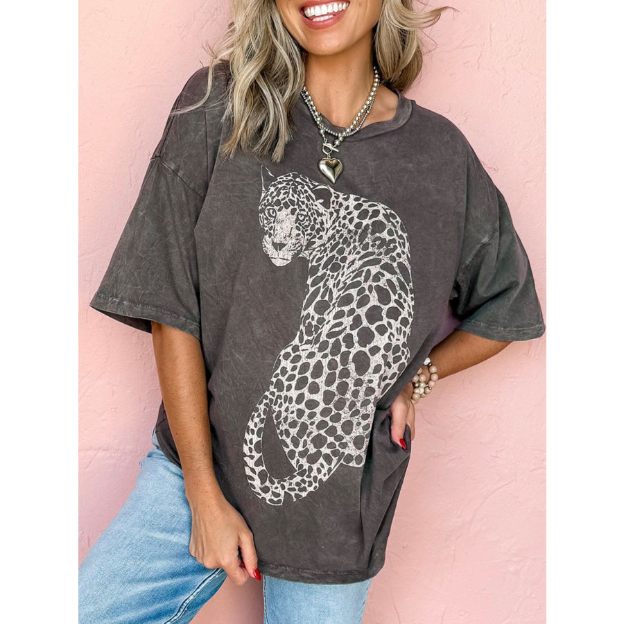Cheetah Mineral Wash Round Neck Half Sleeve T-Shirt Apparel and Accessories