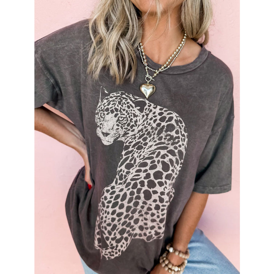 Cheetah Mineral Wash Round Neck Half Sleeve T-Shirt Dark Gray / S Apparel and Accessories