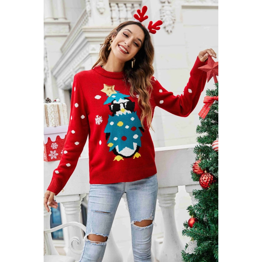 Christmas Penguin Graphic Sequin Sweater Red / S