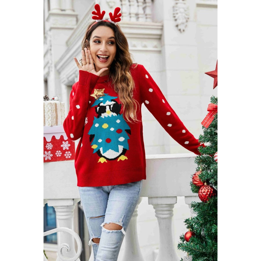 Christmas Penguin Graphic Sequin Sweater Red / S