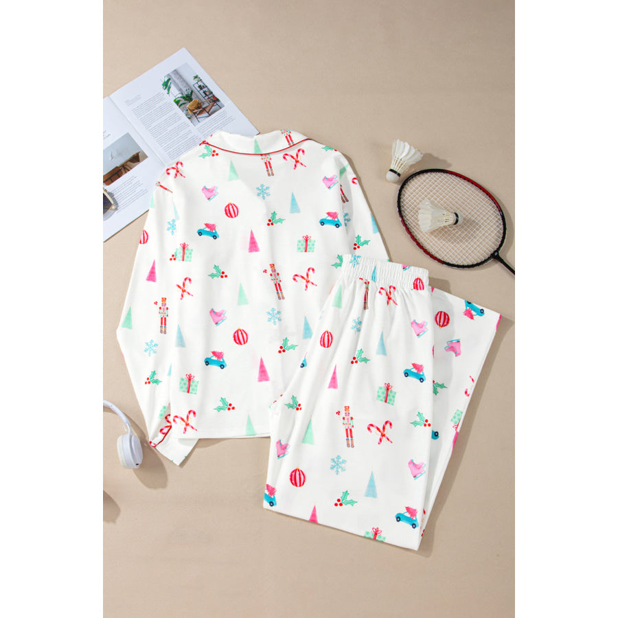 Christmas Printed Collared Neck Top and Pants Lounge Set Apparel and Accessories