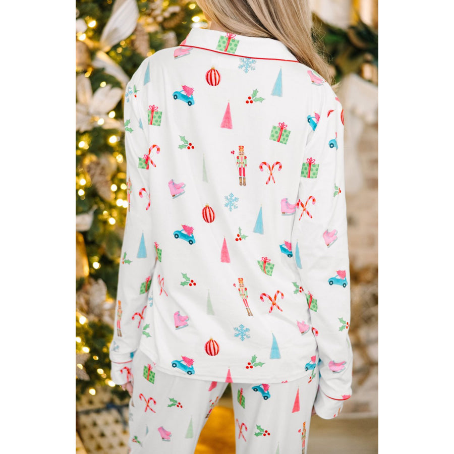 Christmas Printed Collared Neck Top and Pants Lounge Set Apparel and Accessories