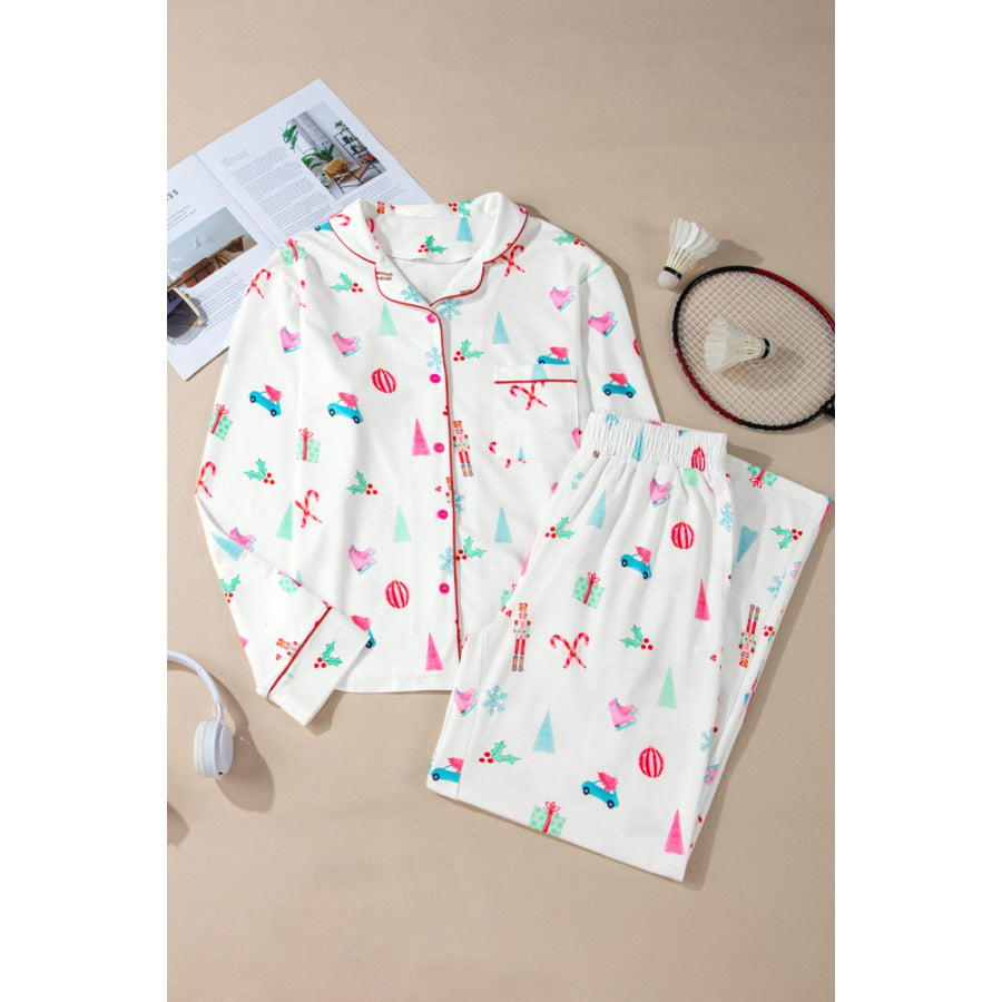 Christmas Printed Collared Neck Top and Pants Lounge Set Apparel and Accessories