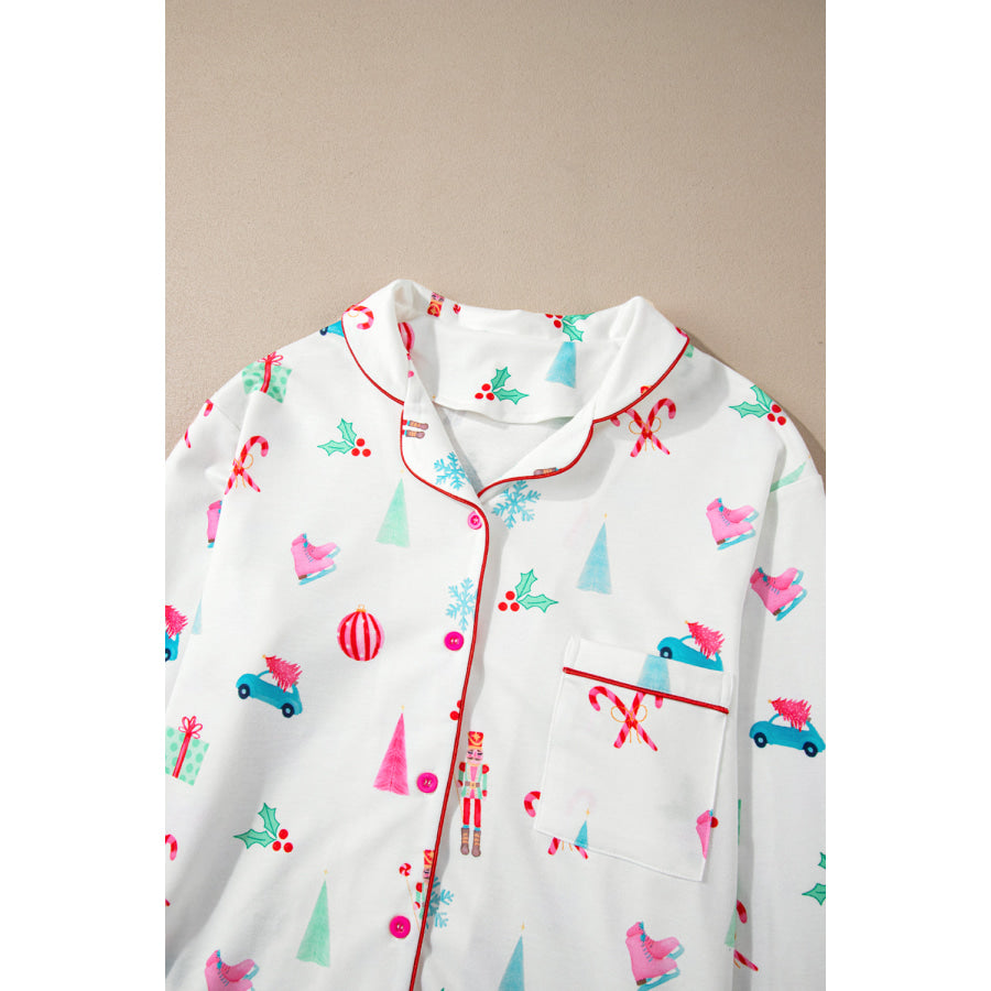 Christmas Printed Collared Neck Top and Pants Lounge Set Apparel and Accessories