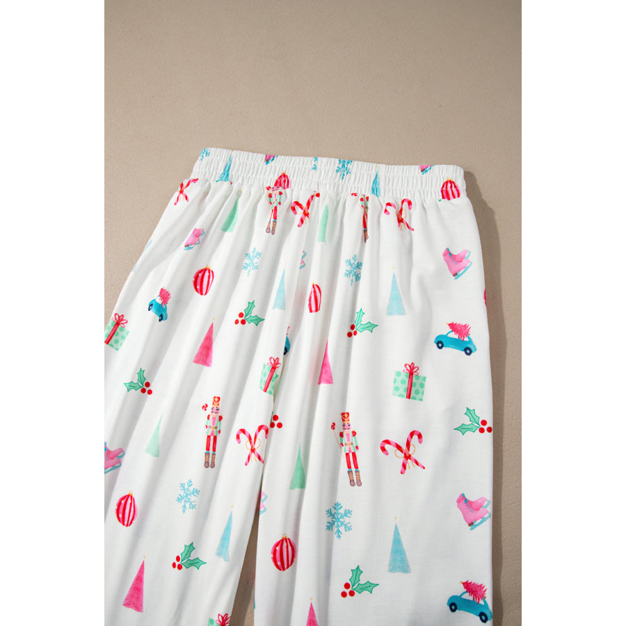Christmas Printed Collared Neck Top and Pants Lounge Set Apparel and Accessories