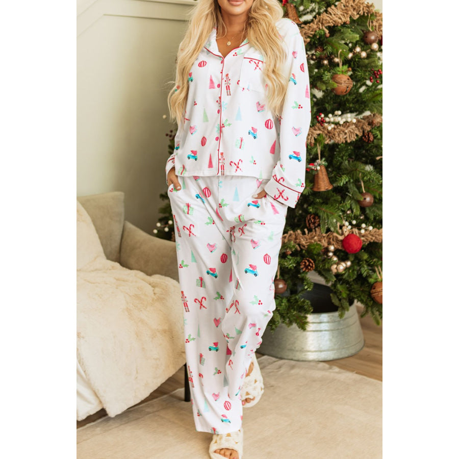 Christmas Printed Collared Neck Top and Pants Lounge Set White / S Apparel and Accessories