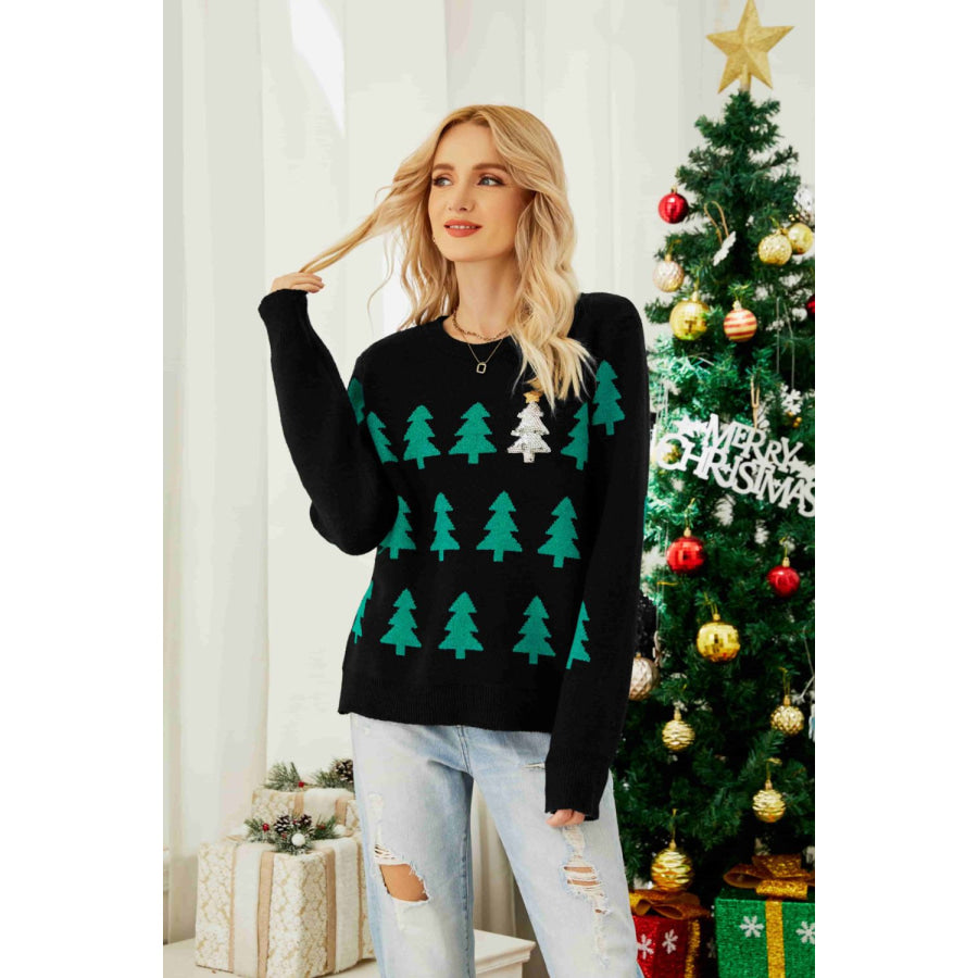 Christmas Tree Round Neck Ribbed Trim Sweater Black / S