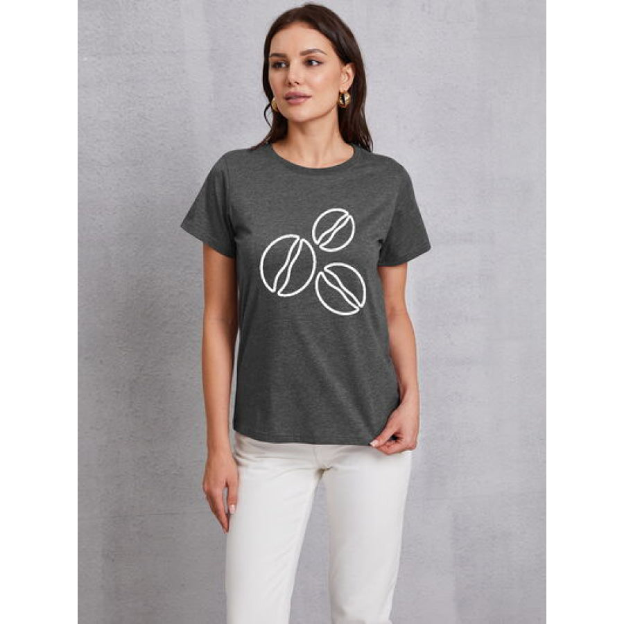 Coffee Bean Graphic Round Neck T - Shirt Charcoal / S Apparel and Accessories