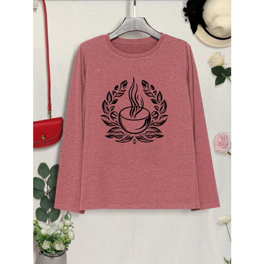 Coffee Graphic Round Neck Long Sleeve T - Shirt Apparel and Accessories