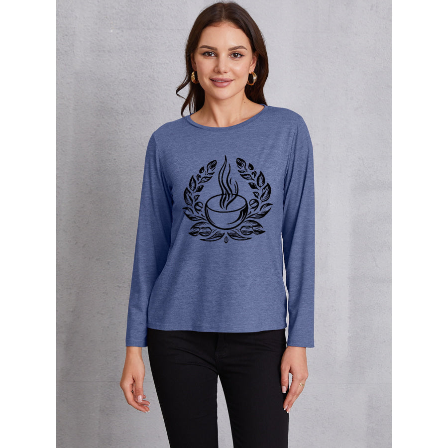 Coffee Graphic Round Neck Long Sleeve T - Shirt Dusty Blue / S Apparel and Accessories