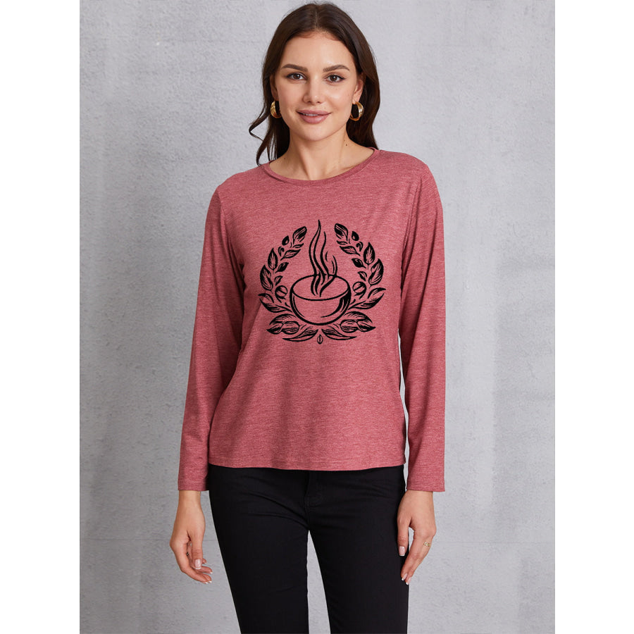 Coffee Graphic Round Neck Long Sleeve T - Shirt Light Mauve / S Apparel and Accessories