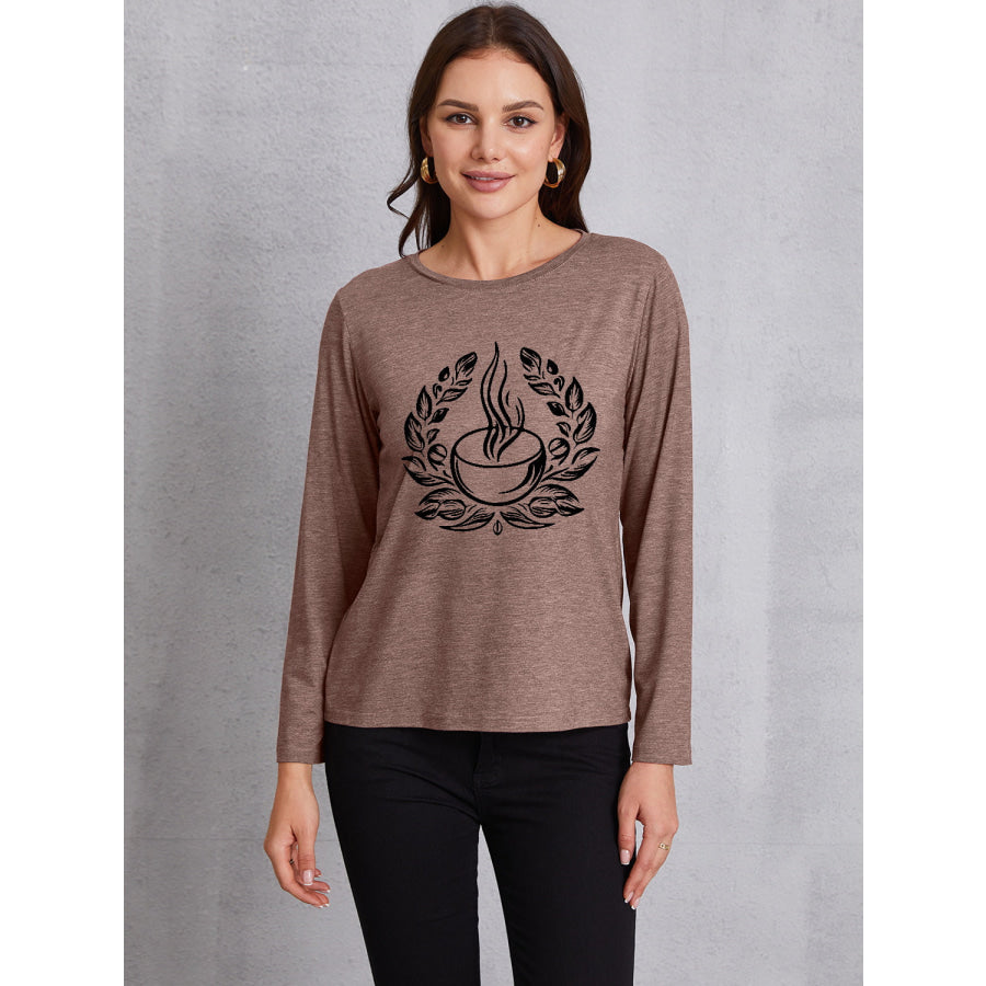 Coffee Graphic Round Neck Long Sleeve T - Shirt Mocha / S Apparel and Accessories