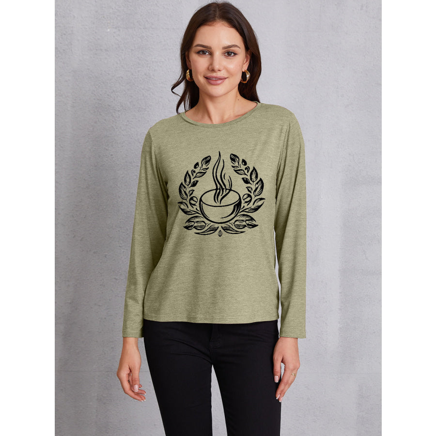 Coffee Graphic Round Neck Long Sleeve T - Shirt Sage / S Apparel and Accessories