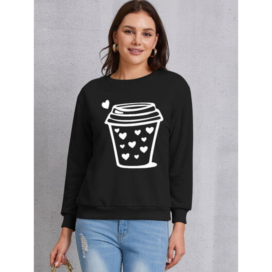 Coffee Graphic Round Neck Sweatshirt Black / S Apparel and Accessories