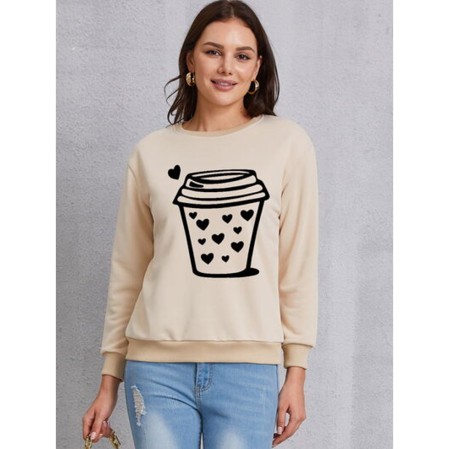 Coffee Graphic Round Neck Sweatshirt Khaki / S Apparel and Accessories