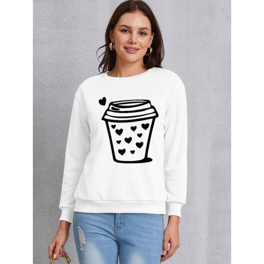 Coffee Graphic Round Neck Sweatshirt White / S Apparel and Accessories