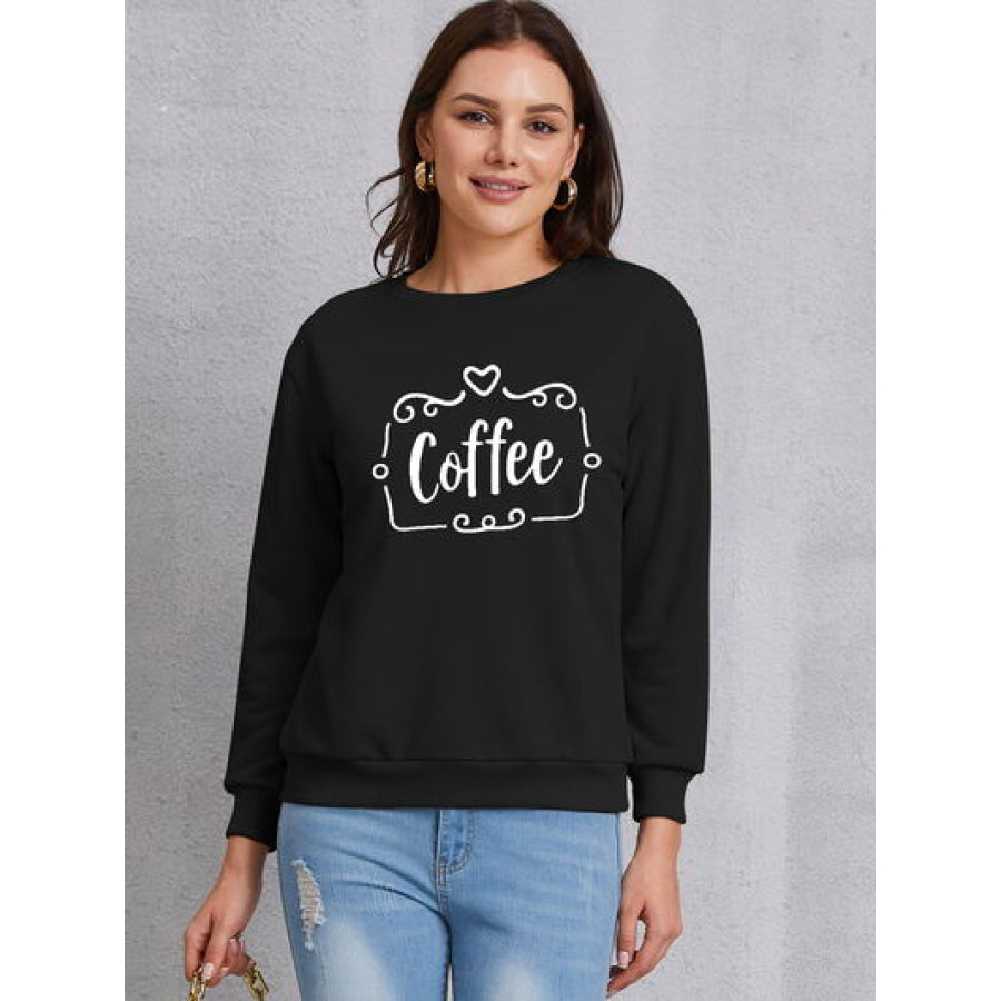 COFFEE Round Neck Dropped Shoulder Sweatshirt Black / S Apparel and Accessories