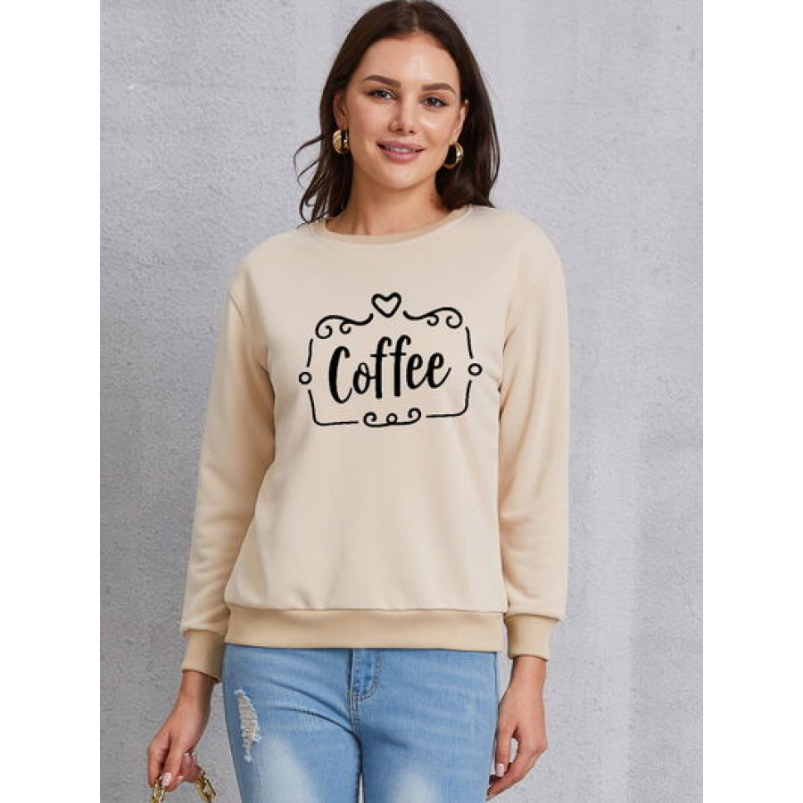COFFEE Round Neck Dropped Shoulder Sweatshirt Khaki / S Apparel and Accessories