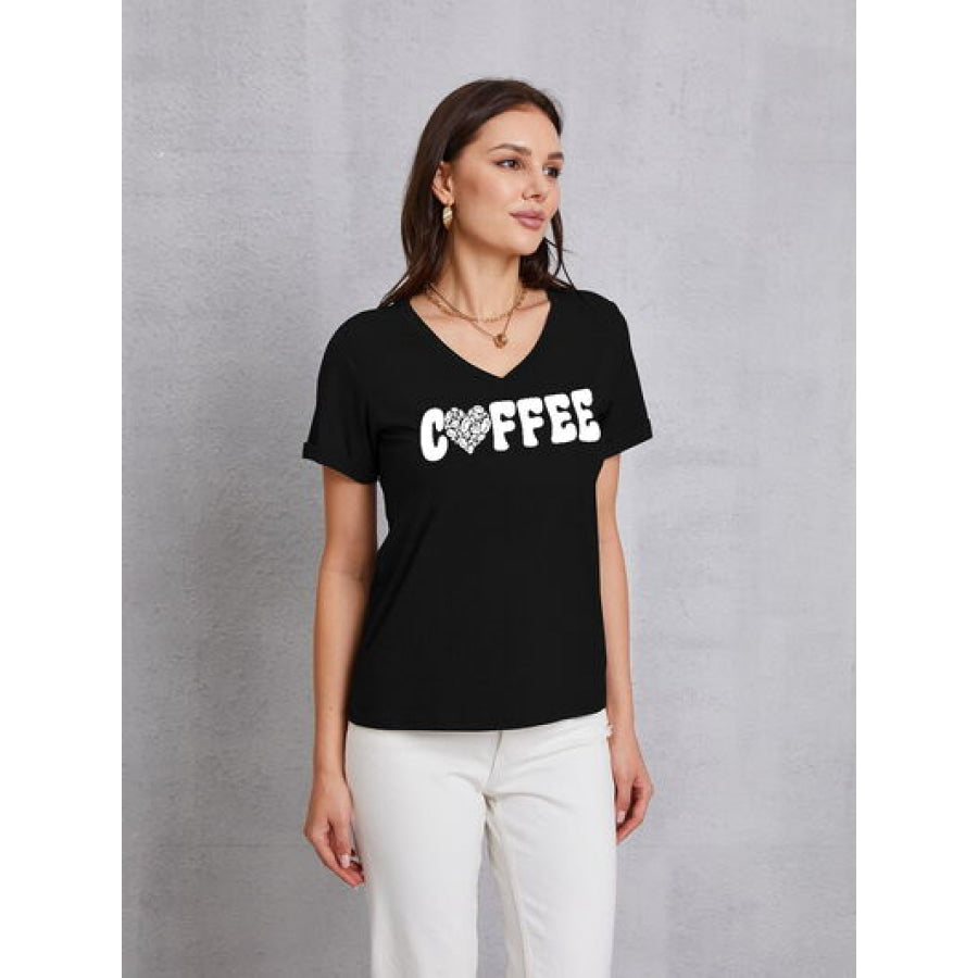 COFFEE V - Neck Short Sleeve T - Shirt Black / S Apparel and Accessories