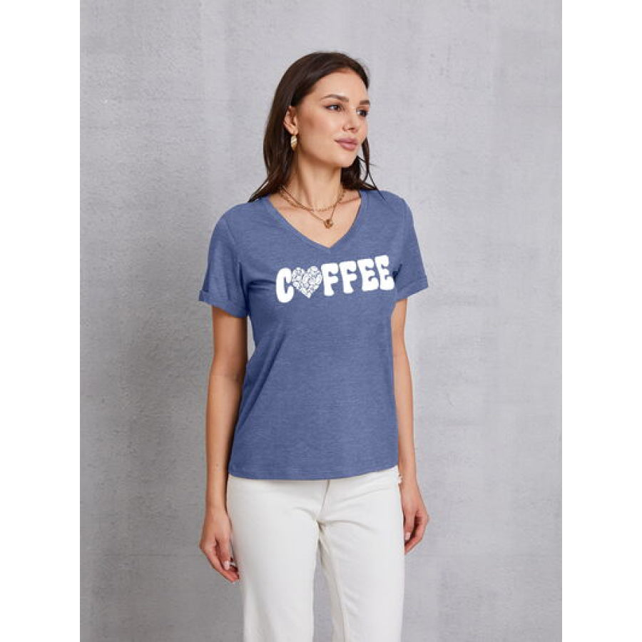 COFFEE V - Neck Short Sleeve T - Shirt Dusty Blue / S Apparel and Accessories