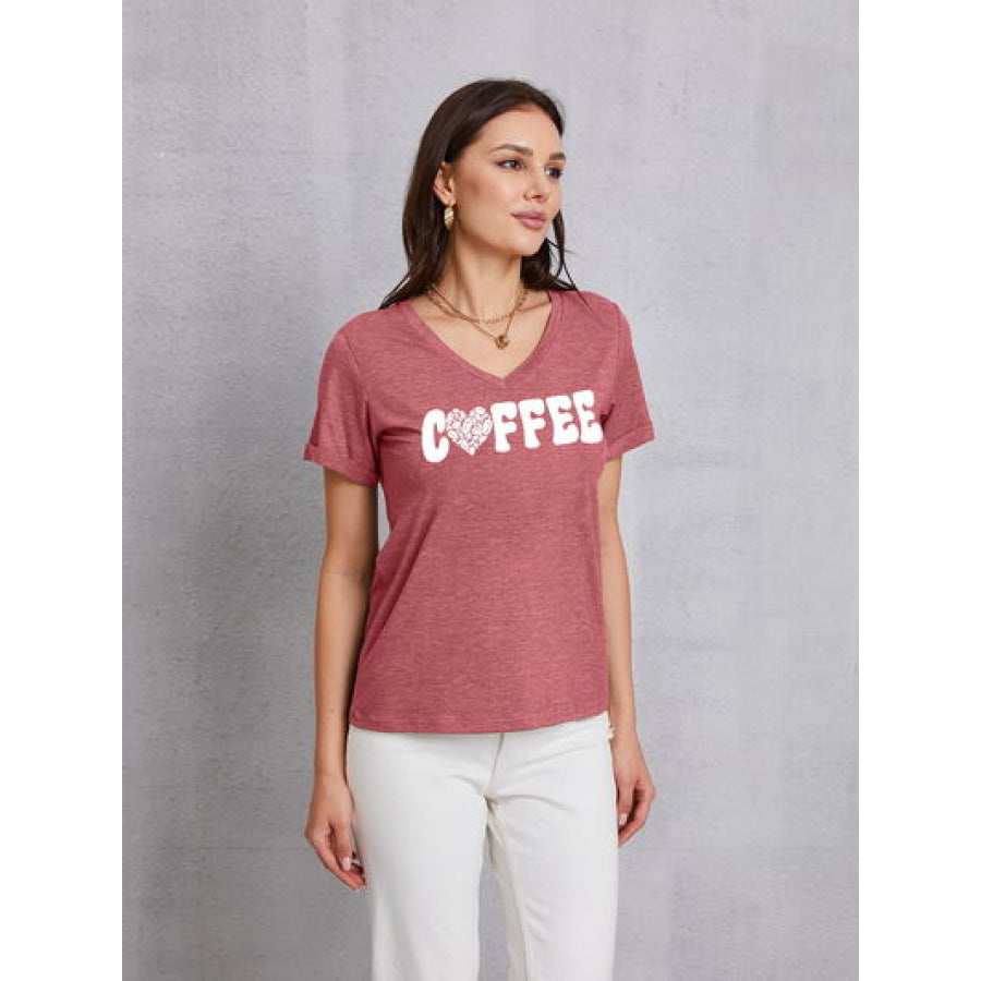 COFFEE V - Neck Short Sleeve T - Shirt Light Mauve / S Apparel and Accessories