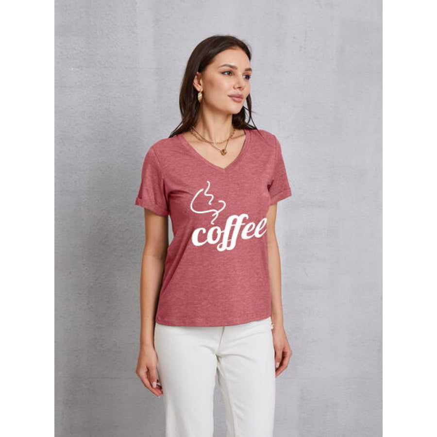 COFFEE V - Neck Short Sleeve T - Shirt Light Mauve / S Apparel and Accessories