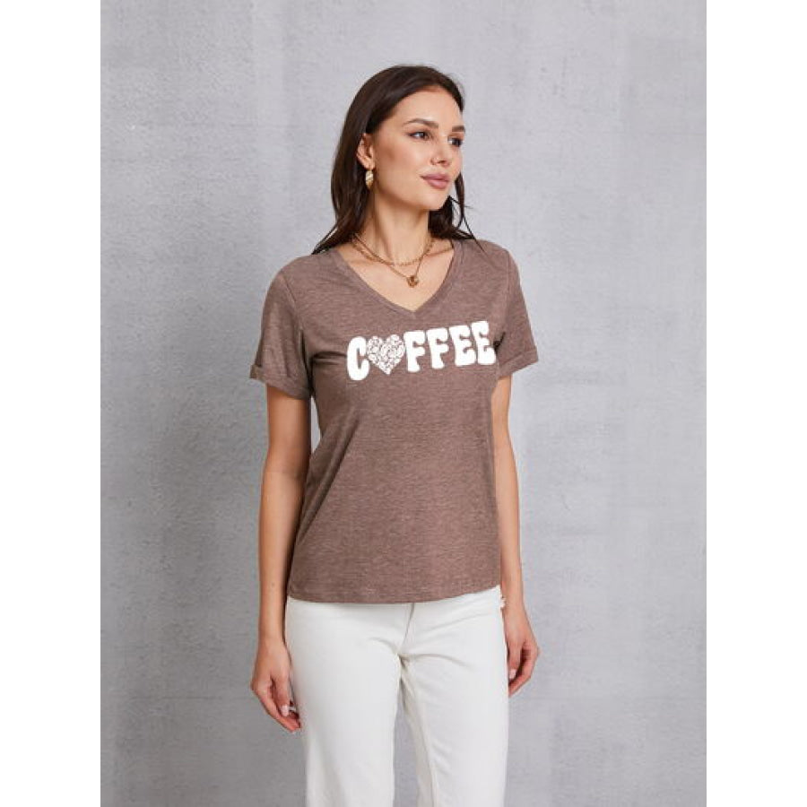 COFFEE V - Neck Short Sleeve T - Shirt Mocha / S Apparel and Accessories