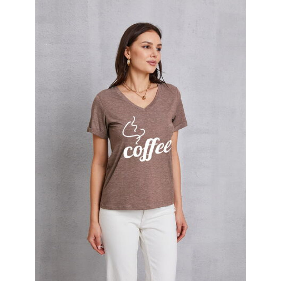 COFFEE V - Neck Short Sleeve T - Shirt Mocha / S Apparel and Accessories