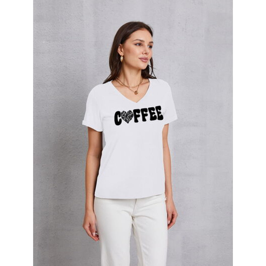 COFFEE V - Neck Short Sleeve T - Shirt White / S Apparel and Accessories