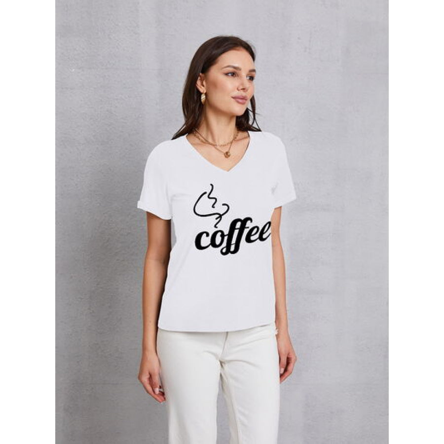 COFFEE V - Neck Short Sleeve T - Shirt White / S Apparel and Accessories