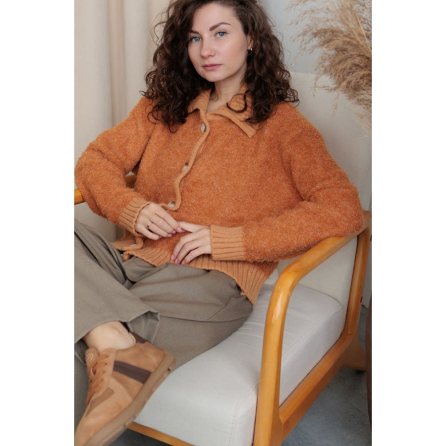 Collared Neck Button Down Long Sleeve Cardigan Tangerine / One Size Apparel and Accessories