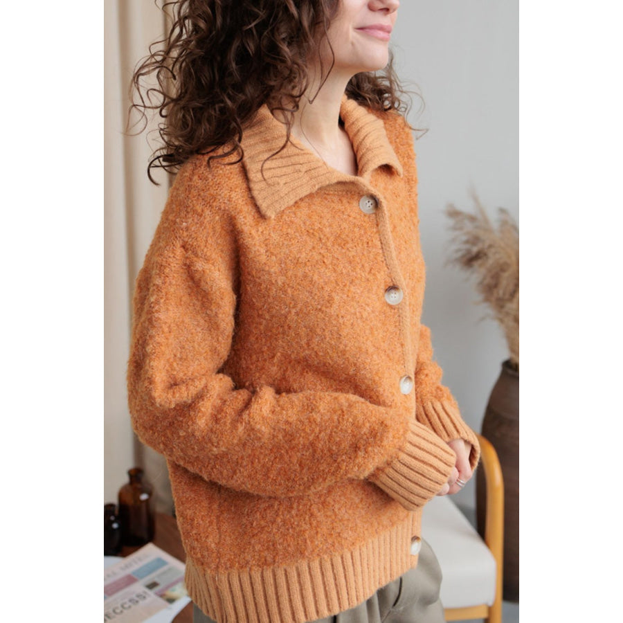 Collared Neck Button Down Long Sleeve Cardigan Tangerine / One Size Apparel and Accessories