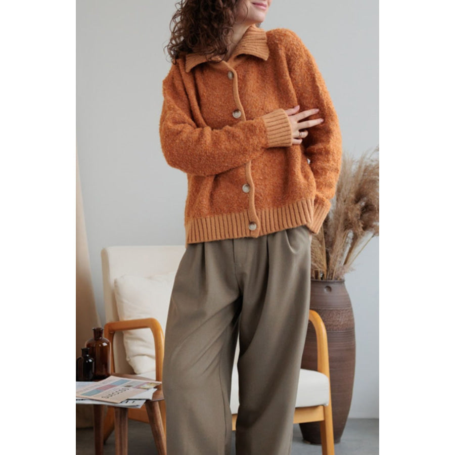 Collared Neck Button Down Long Sleeve Cardigan Tangerine / One Size Apparel and Accessories