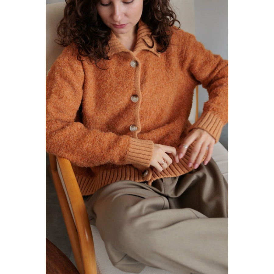 Collared Neck Button Down Long Sleeve Cardigan Tangerine / One Size Apparel and Accessories