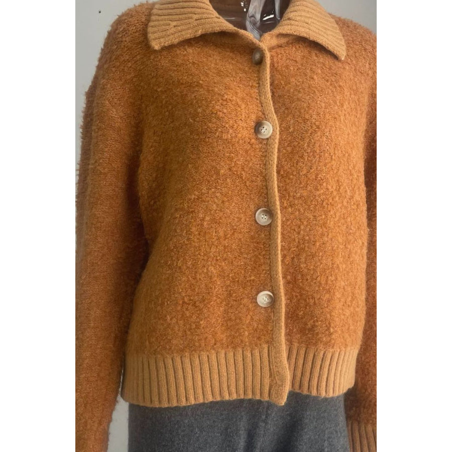 Collared Neck Button Down Long Sleeve Cardigan Tangerine / One Size Apparel and Accessories