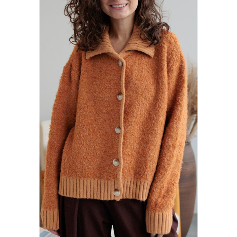 Collared Neck Button Down Long Sleeve Cardigan Tangerine / One Size Apparel and Accessories